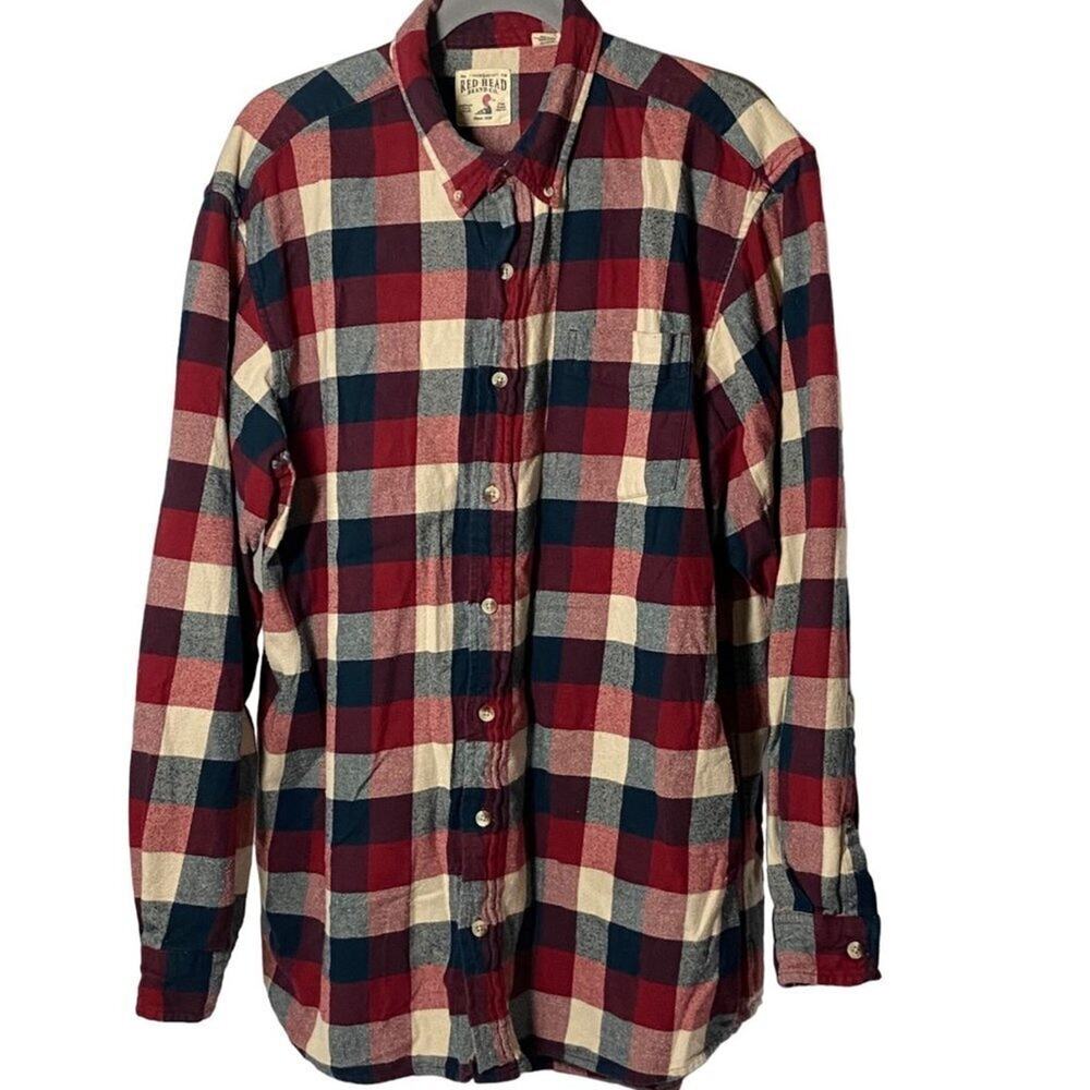 RED HEAD Men's Flannel Shirt, 2XT, Red/Blue/White Plaid, 100% Cotton, Button Up